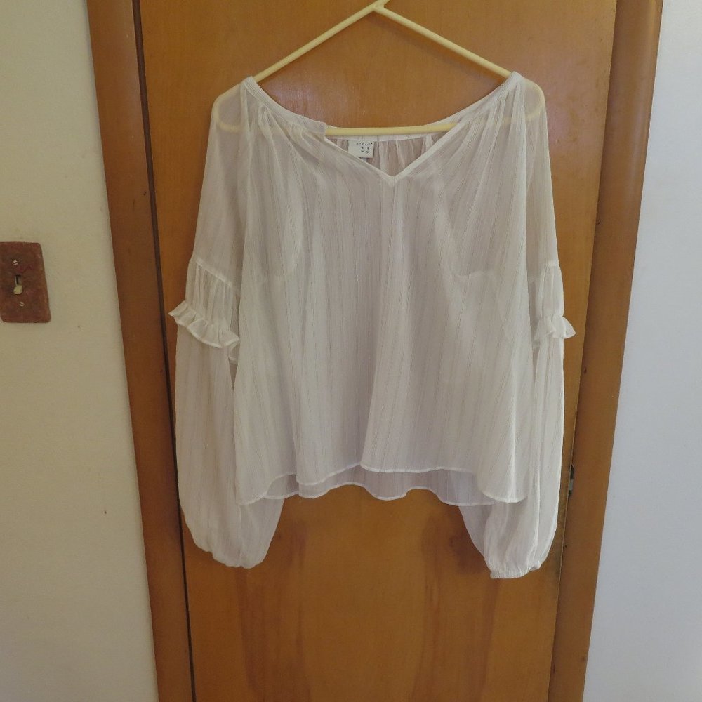 Women's Size L Sheer Peasant Top Blouse Ruffled Sleeves